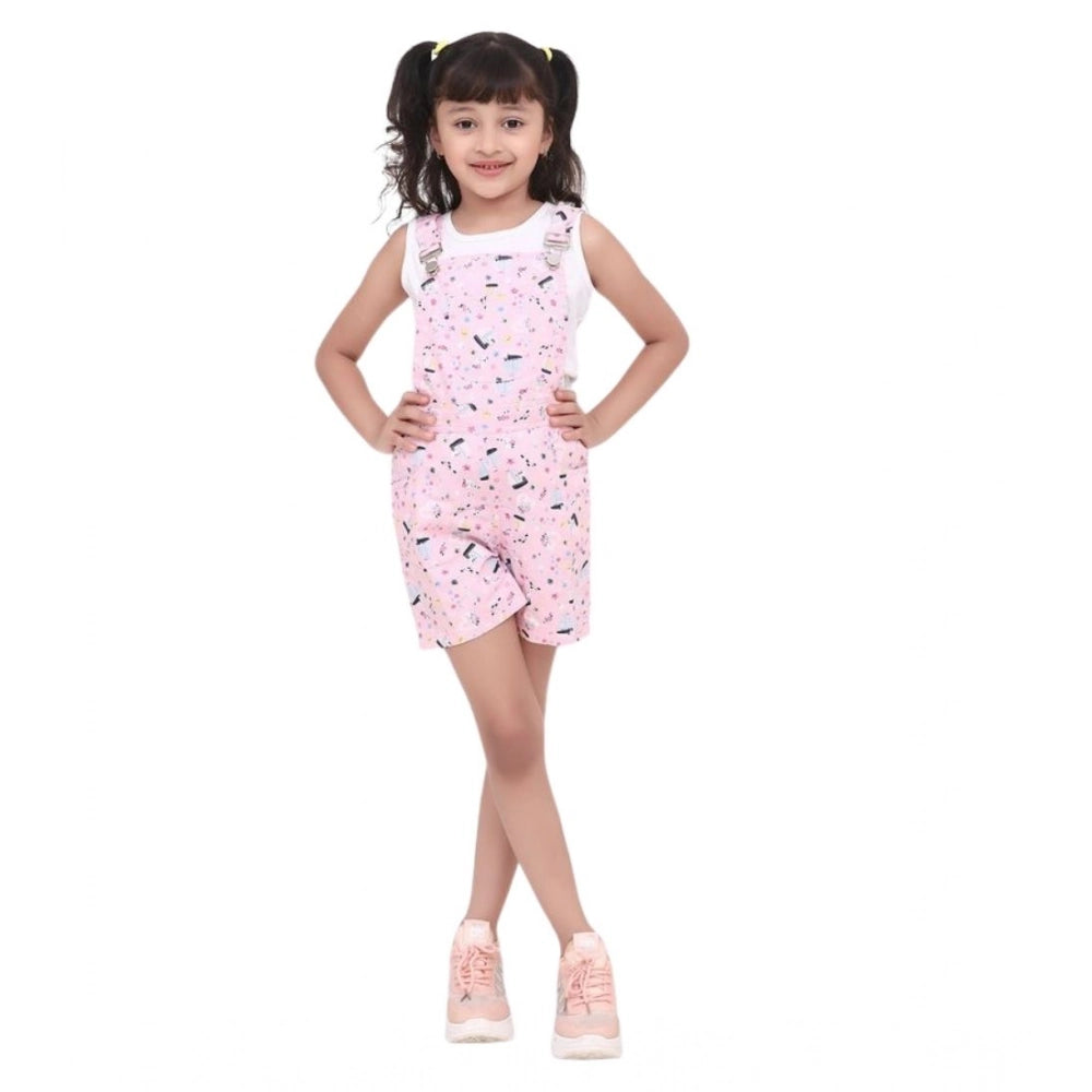 Girl's Inner- Cotton Printed Sleeveless Dungaree - Light Pink