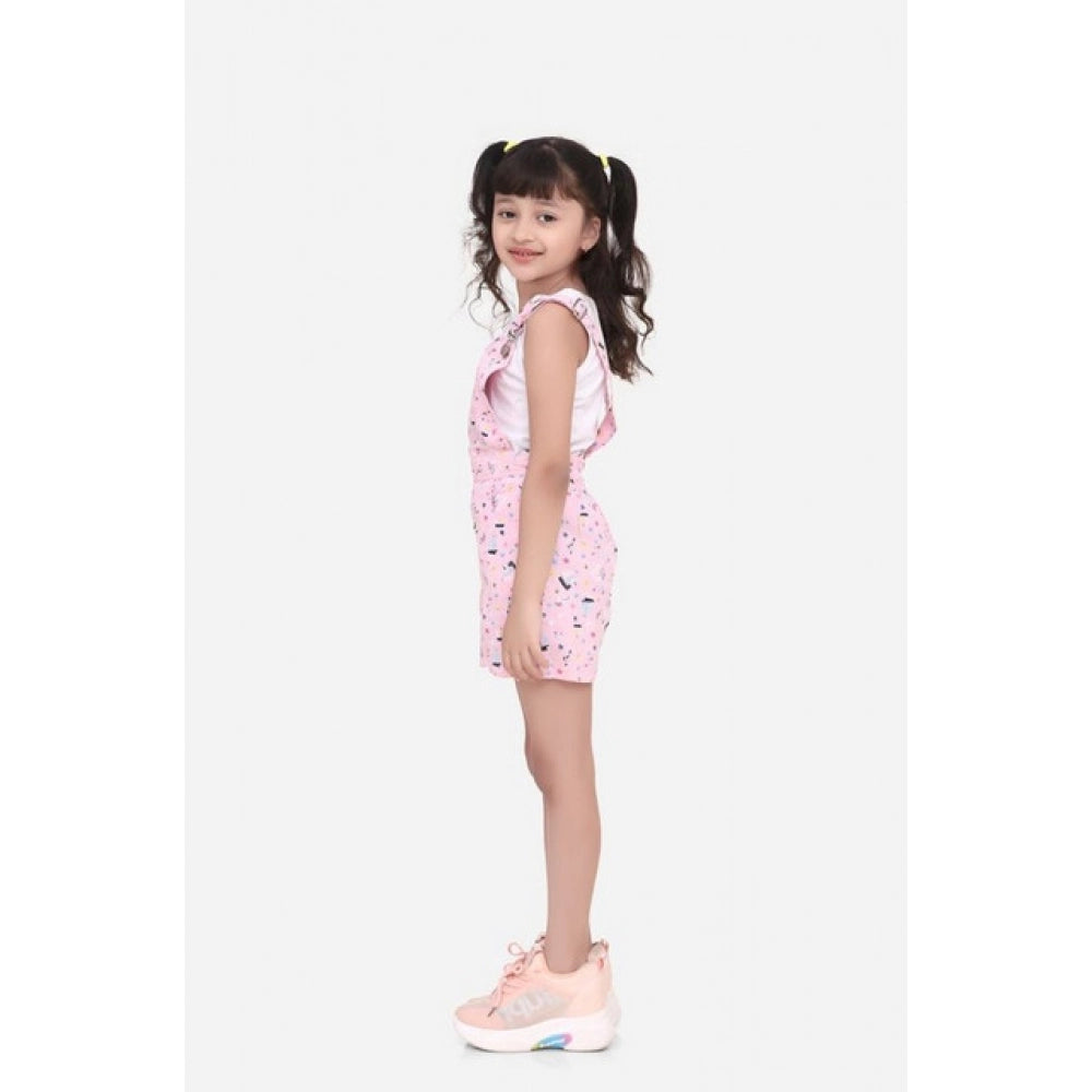 Girl's Inner- Cotton Printed Sleeveless Dungaree - Light Pink