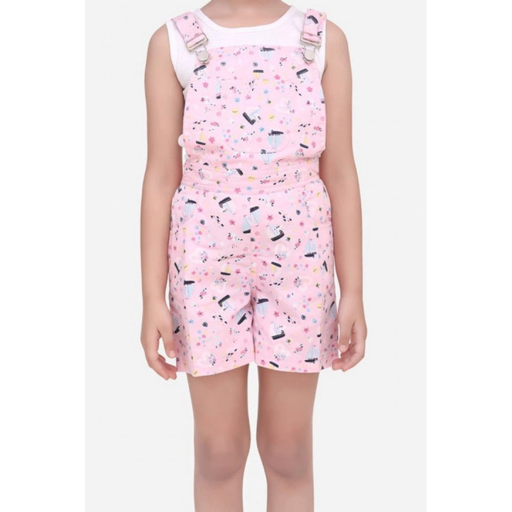 Girl's Inner- Cotton Printed Sleeveless Dungaree - Light Pink