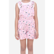 Girl's Inner- Cotton Printed Sleeveless Dungaree - Light Pink