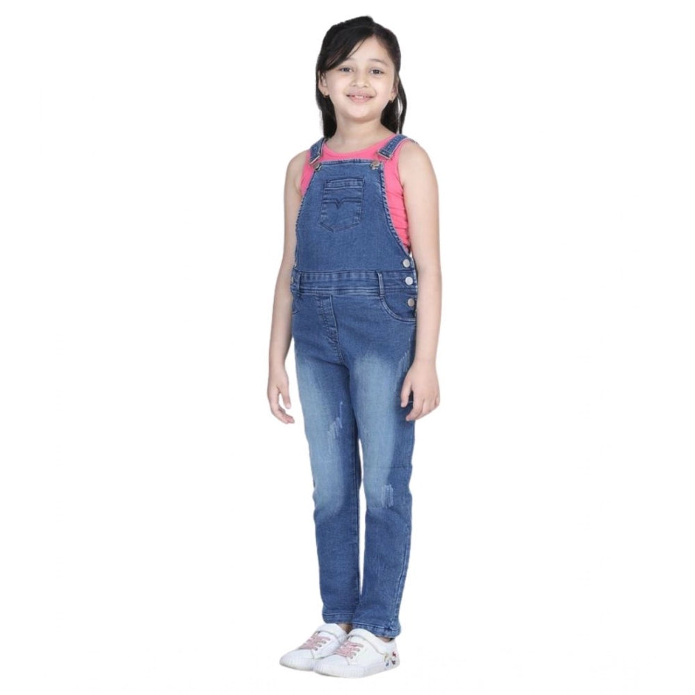 Girl's Denim Washed Buttoned Dungaree - Blue