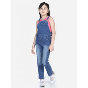 Girl's Denim Washed Buttoned Dungaree - Blue