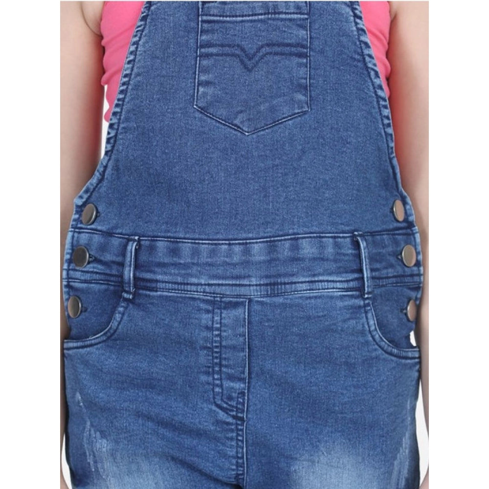 Girl's Denim Washed Buttoned Dungaree - Blue