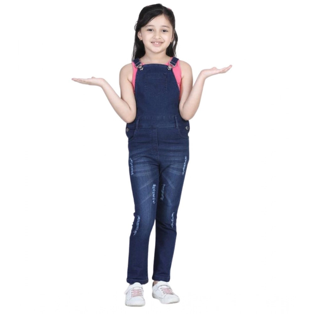 Girl's Denim Distressed Buttoned Dungaree - Blue