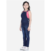 Girl's Denim Distressed Buttoned Dungaree - Blue