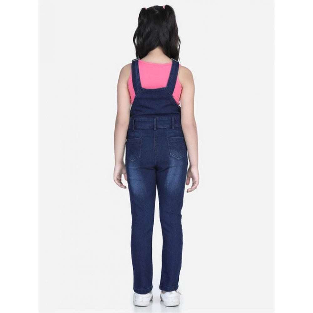 Girl's Denim Distressed Buttoned Dungaree - Blue