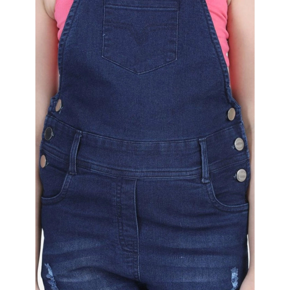 Girl's Denim Distressed Buttoned Dungaree - Blue
