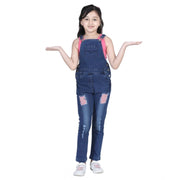 Girl's Denim Patch Work Buttoned Dungaree - Blue