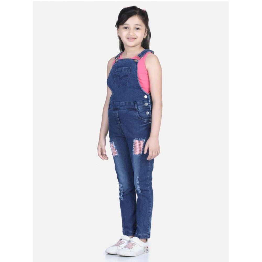 Girl's Denim Patch Work Buttoned Dungaree - Blue