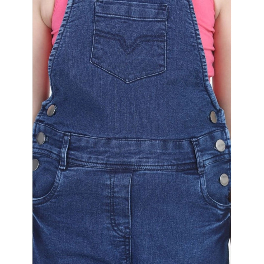 Girl's Denim Patch Work Buttoned Dungaree - Blue