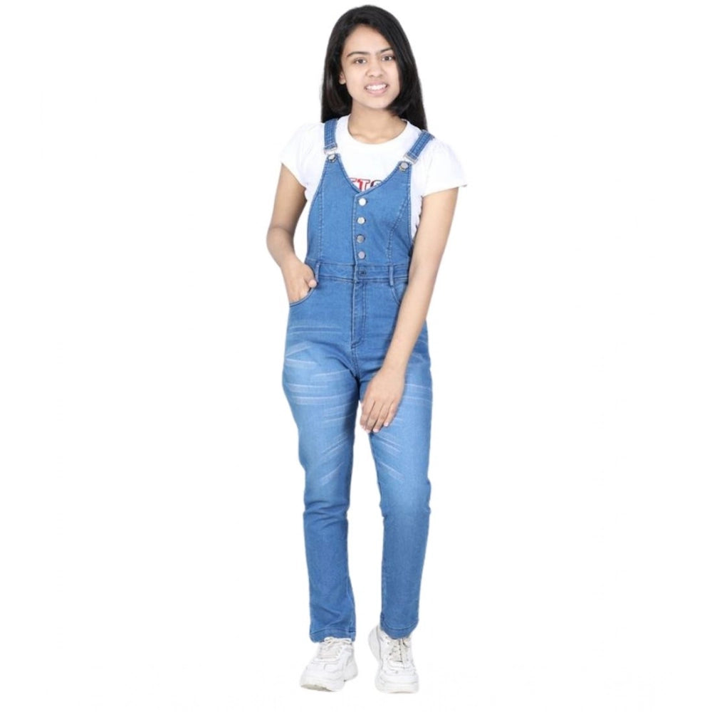 Girl's Denim Solid Buttoned Dungaree - Blue
