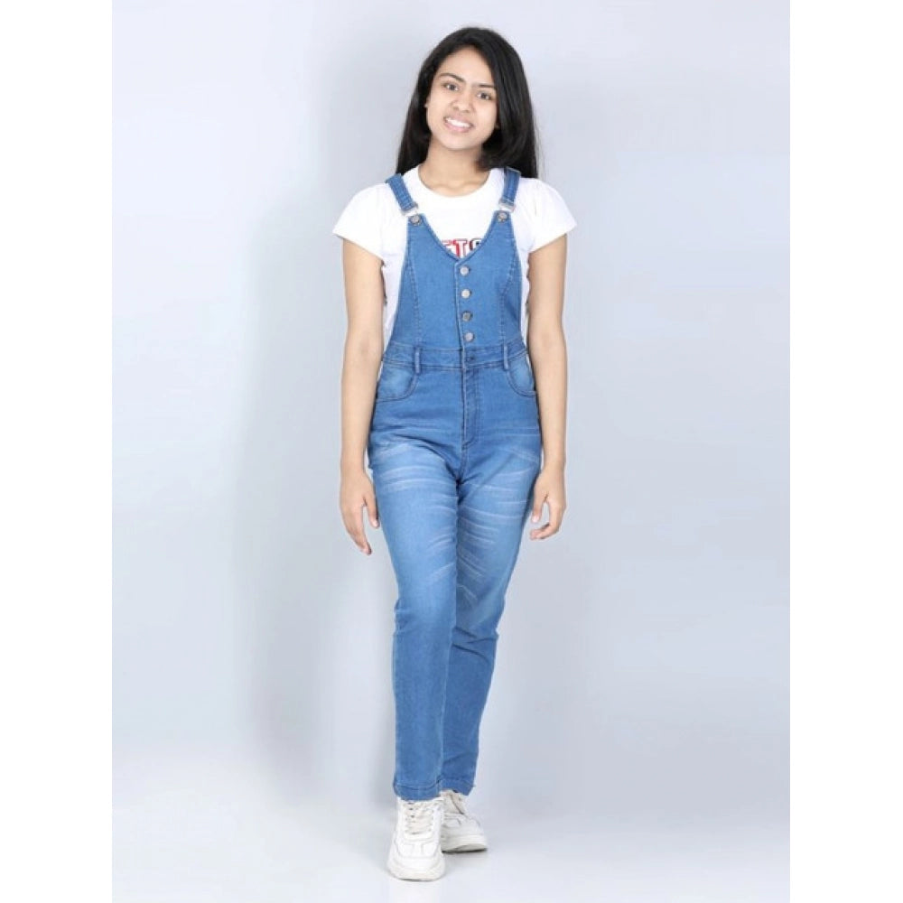 Girl's Denim Solid Buttoned Dungaree - Blue