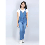 Girl's Denim Solid Buttoned Dungaree - Blue