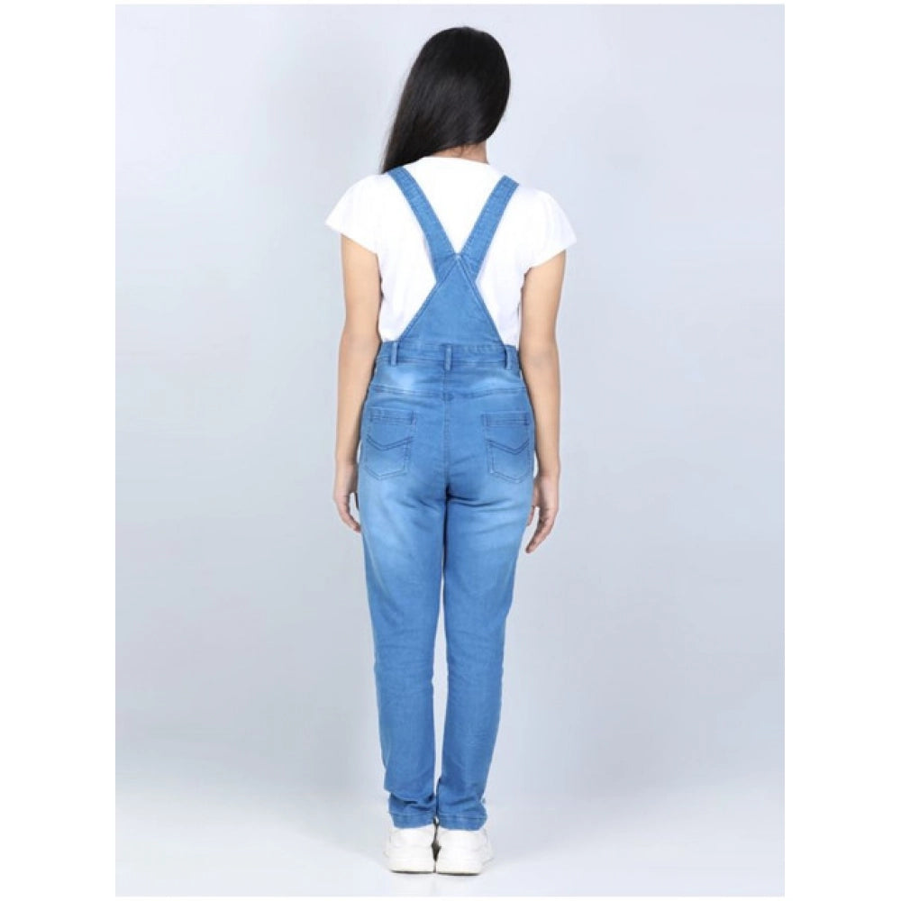 Girl's Denim Solid Buttoned Dungaree - Blue