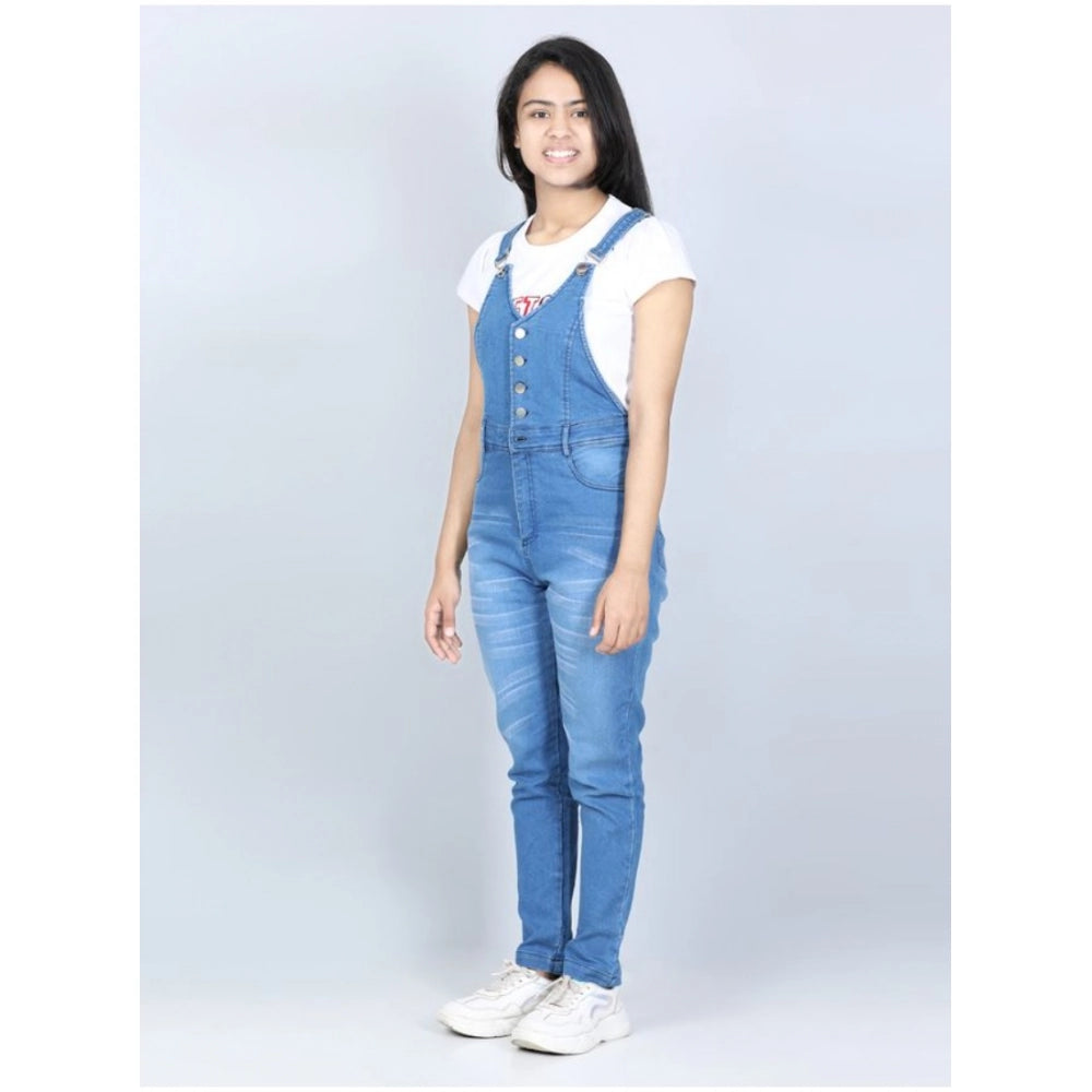 Girl's Denim Solid Buttoned Dungaree - Blue