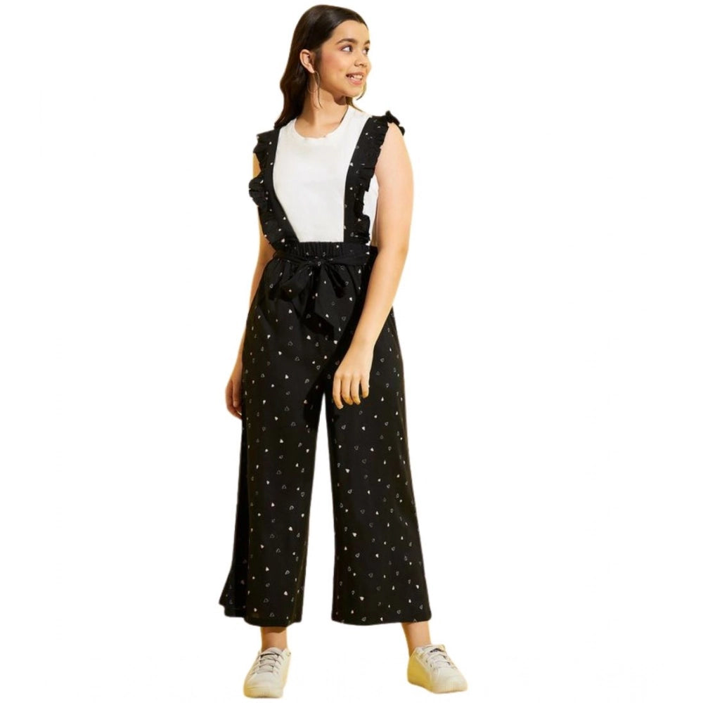 Girl's Cotton Printed Sleeveless Dungaree - Black-White
