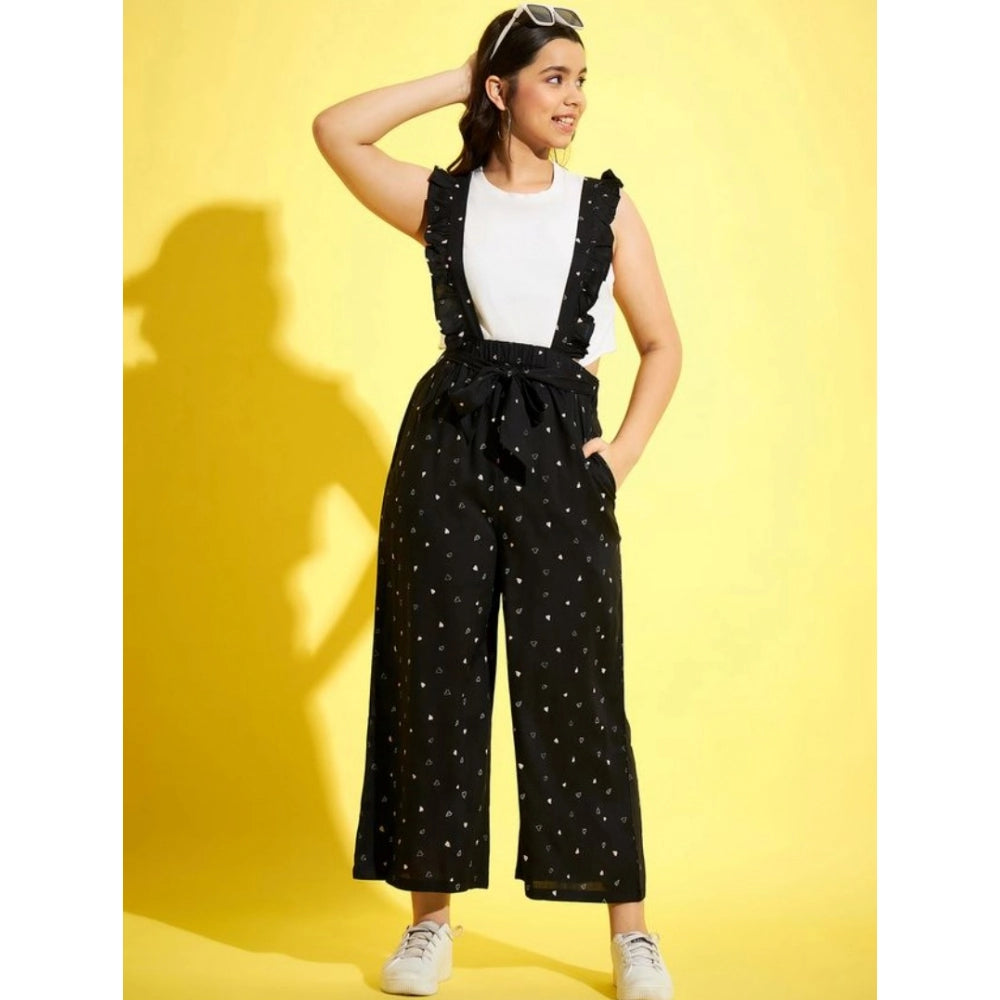 Girl's Cotton Printed Sleeveless Dungaree - Black-White