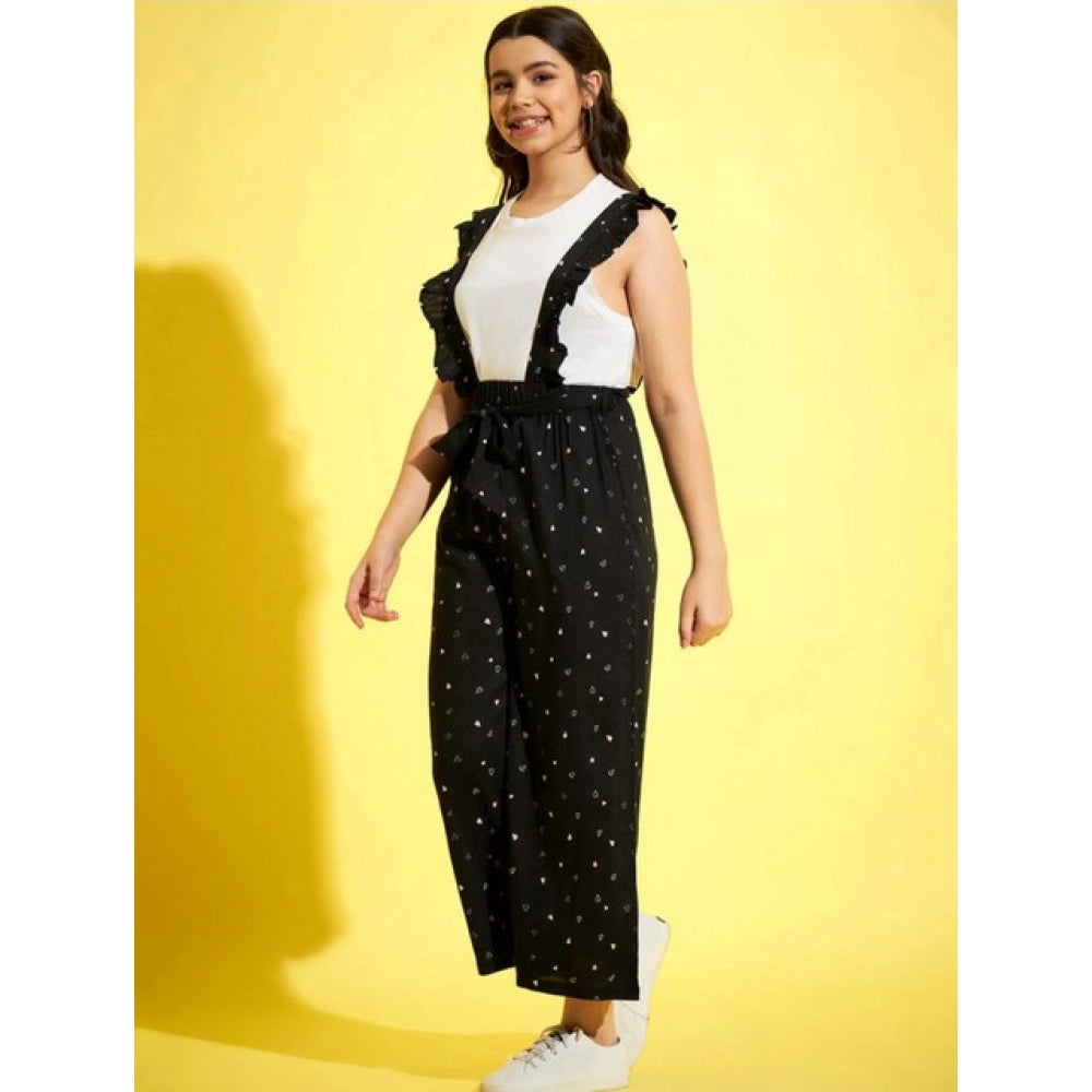 Girl's Cotton Printed Sleeveless Dungaree - Black-White