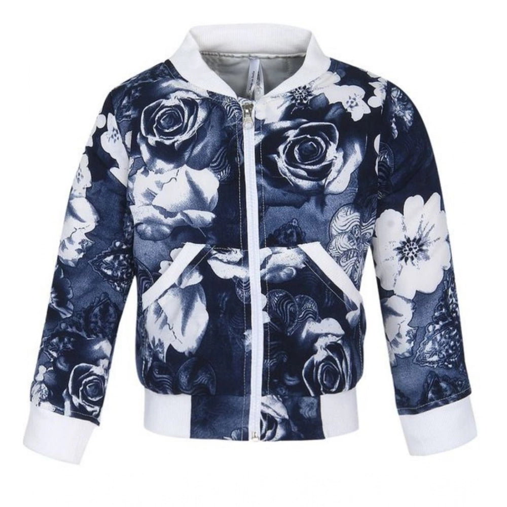 Girl's Polyester Printed Long Sleeves Bomber Jacket - White-Blue