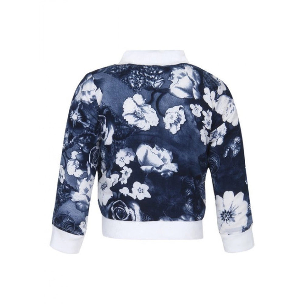 Girl's Polyester Printed Long Sleeves Bomber Jacket - White-Blue