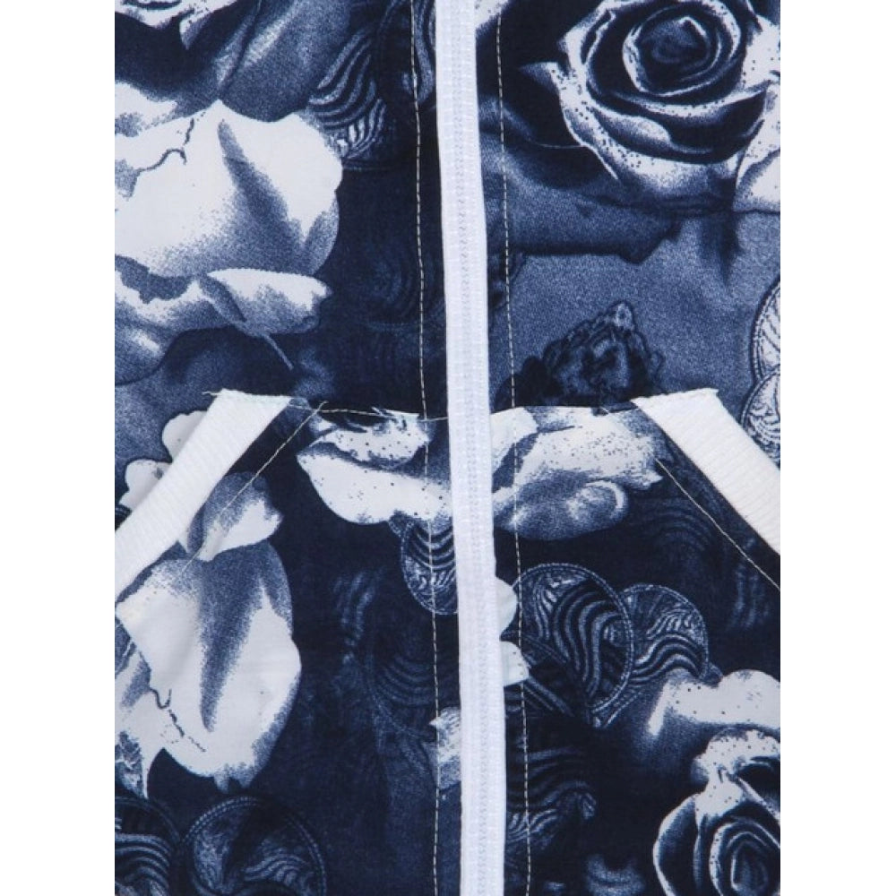 Girl's Polyester Printed Long Sleeves Bomber Jacket - White-Blue