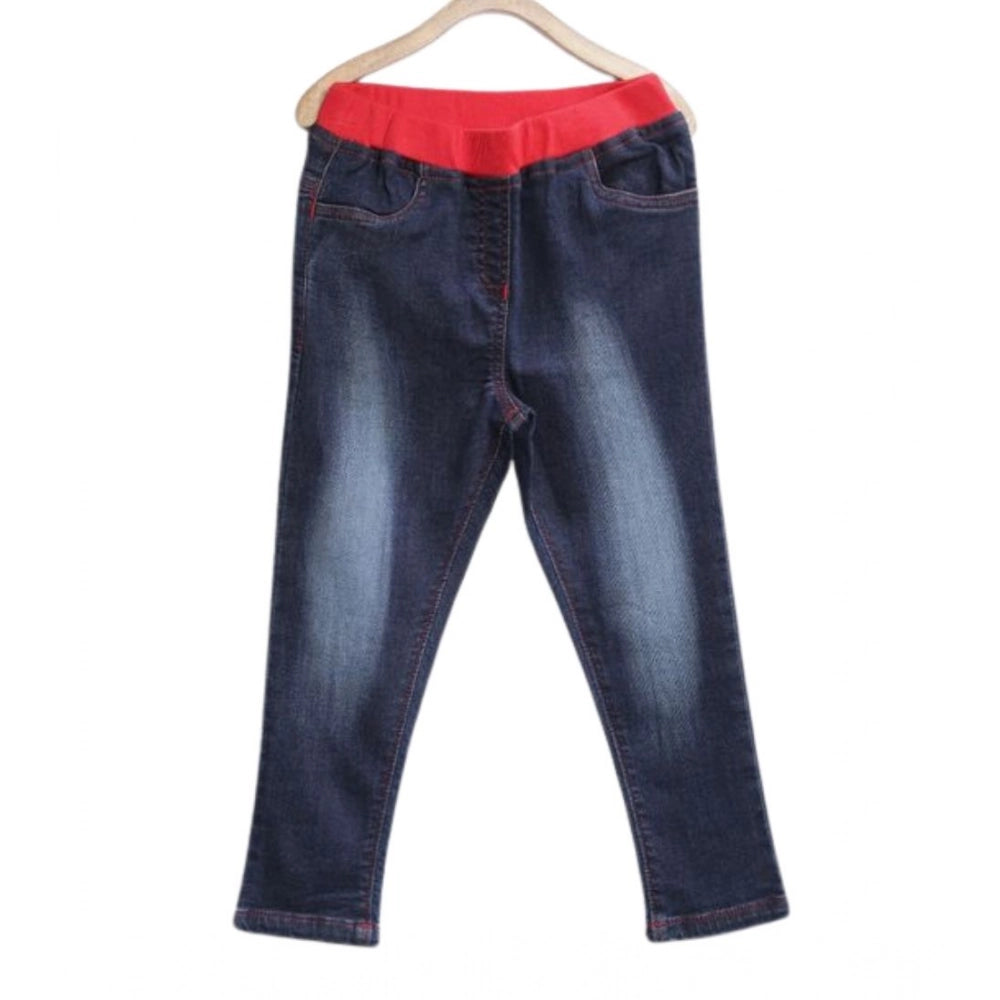 Girl's Denim Ribbed Elasticated Jeans - Red-Blue