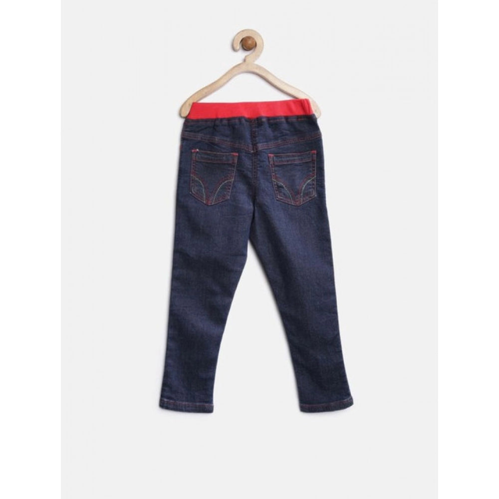 Girl's Denim Ribbed Elasticated Jeans - Red-Blue