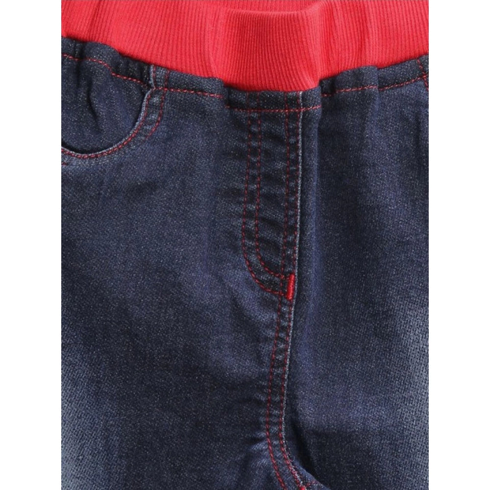 Girl's Denim Ribbed Elasticated Jeans - Red-Blue