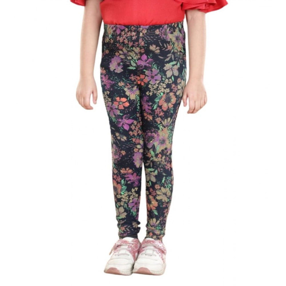 Girl's Cotton Lycra Floral Elasticated Jeggings - Multicolor