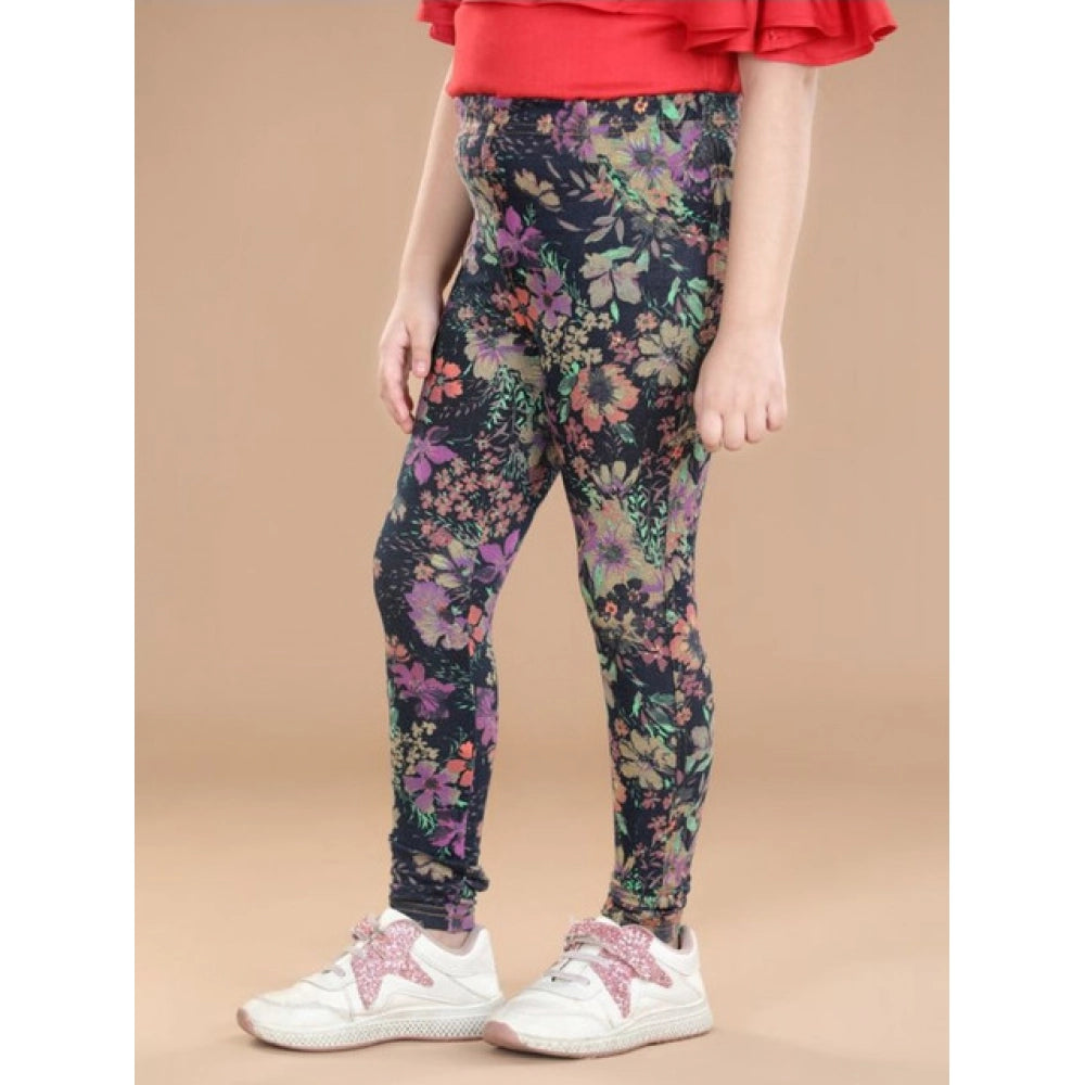 Girl's Cotton Lycra Floral Elasticated Jeggings - Multicolor