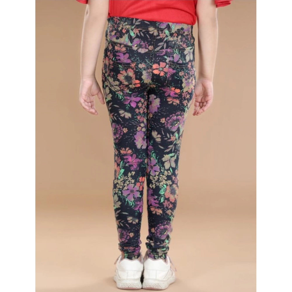 Girl's Cotton Lycra Floral Elasticated Jeggings - Multicolor