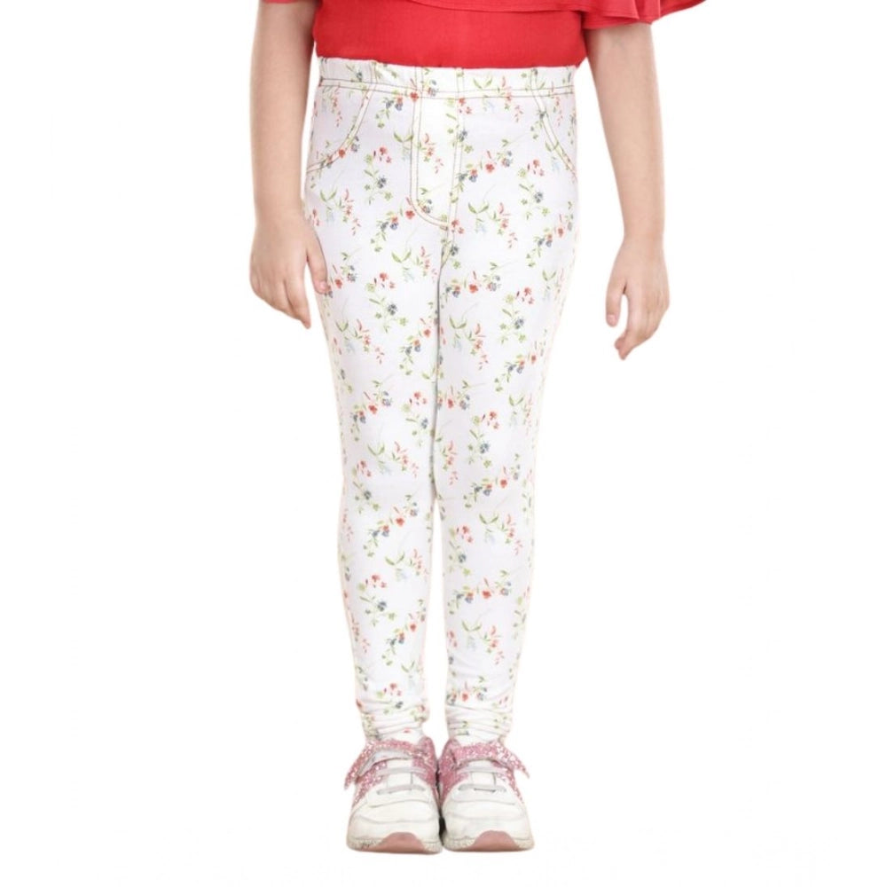 Girl's Cotton Lycra Floral Elasticated Jeggings - White-Green