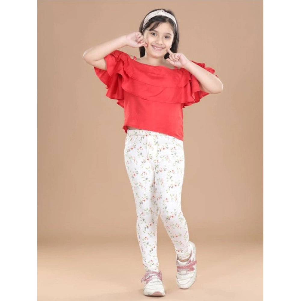 Girl's Cotton Lycra Floral Elasticated Jeggings - White-Green