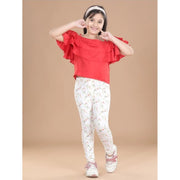 Girl's Cotton Lycra Floral Elasticated Jeggings - White-Green