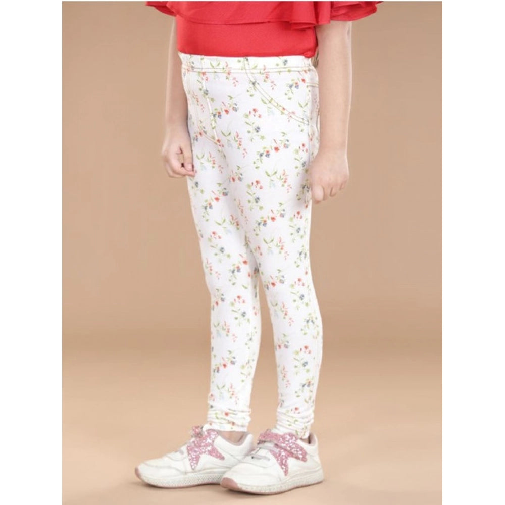 Girl's Cotton Lycra Floral Elasticated Jeggings - White-Green