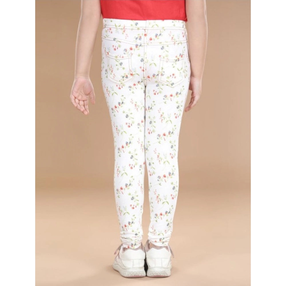 Girl's Cotton Lycra Floral Elasticated Jeggings - White-Green