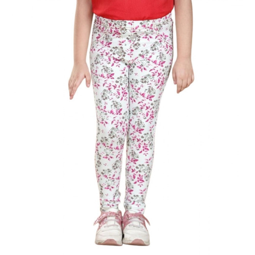 Girl's Cotton Lycra Floral Elasticated Jeggings - White-Pink