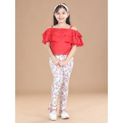 Girl's Cotton Lycra Floral Elasticated Jeggings - White-Pink