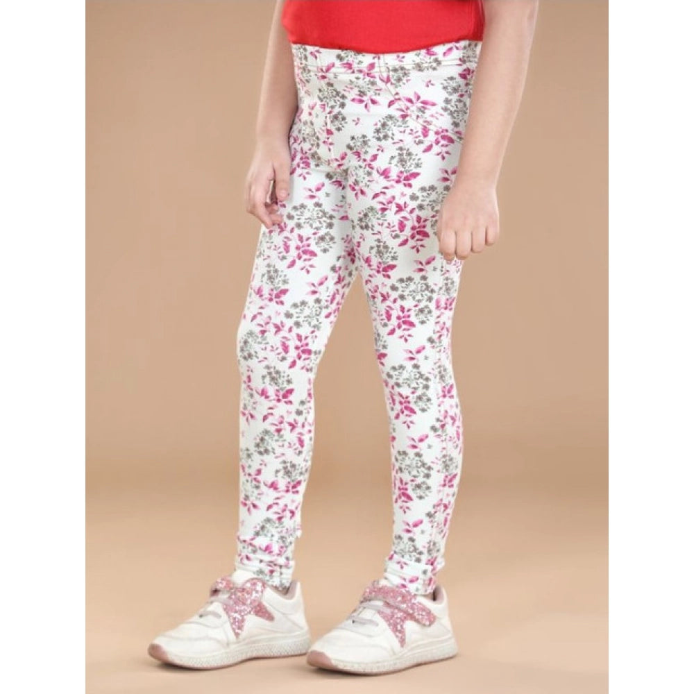 Girl's Cotton Lycra Floral Elasticated Jeggings - White-Pink