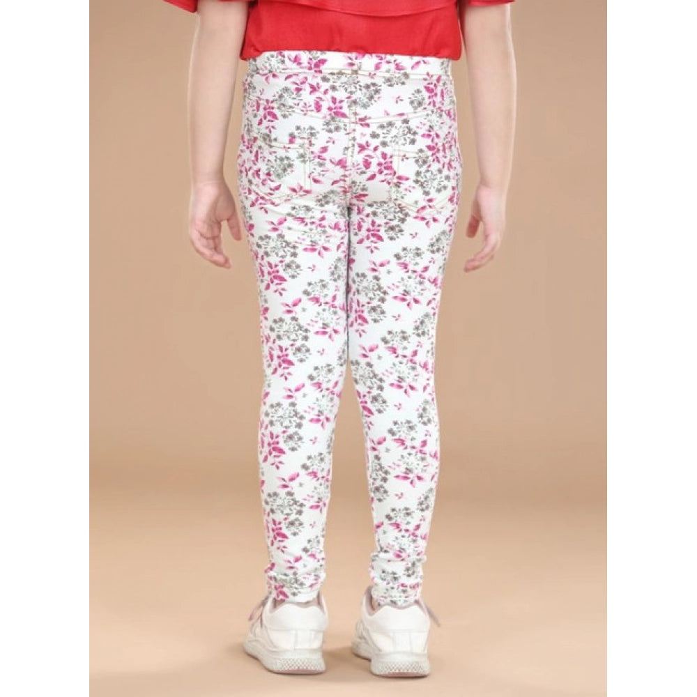 Girl's Cotton Lycra Floral Elasticated Jeggings - White-Pink