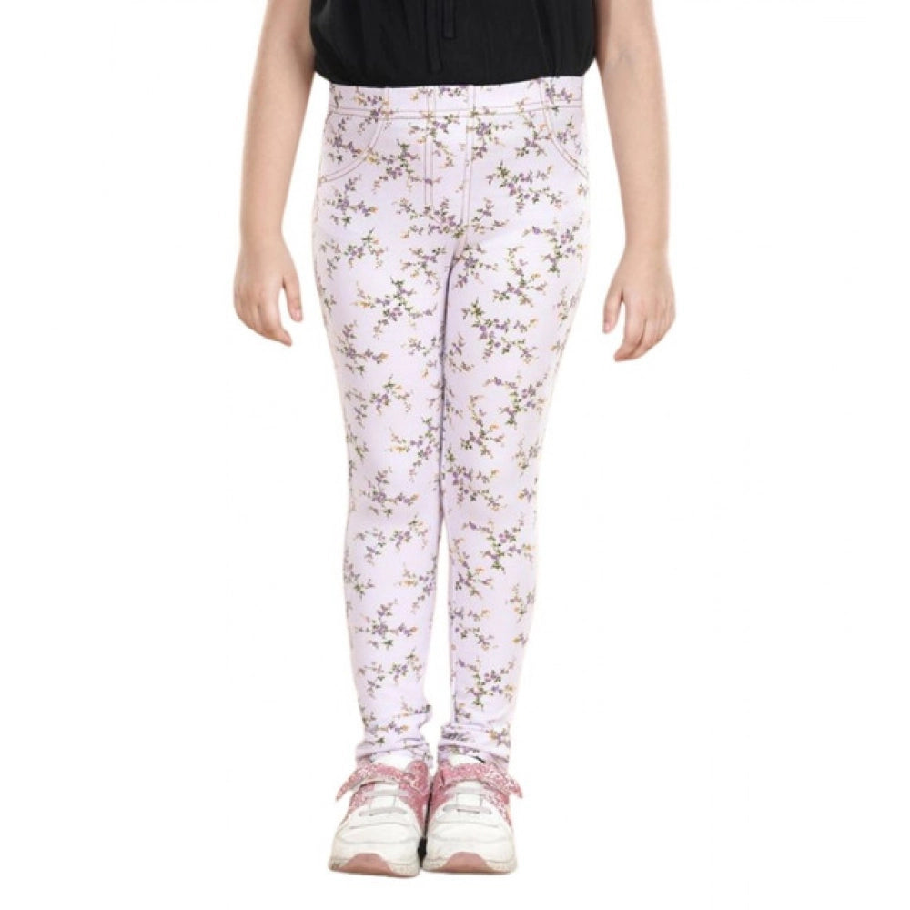 Girl's Cotton Lycra Floral Elasticated Jeggings - Multicolor