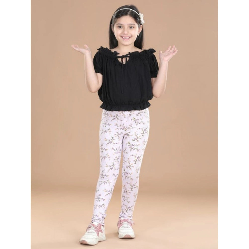 Girl's Cotton Lycra Floral Elasticated Jeggings - Multicolor