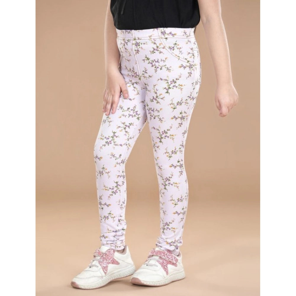 Girl's Cotton Lycra Floral Elasticated Jeggings - Multicolor