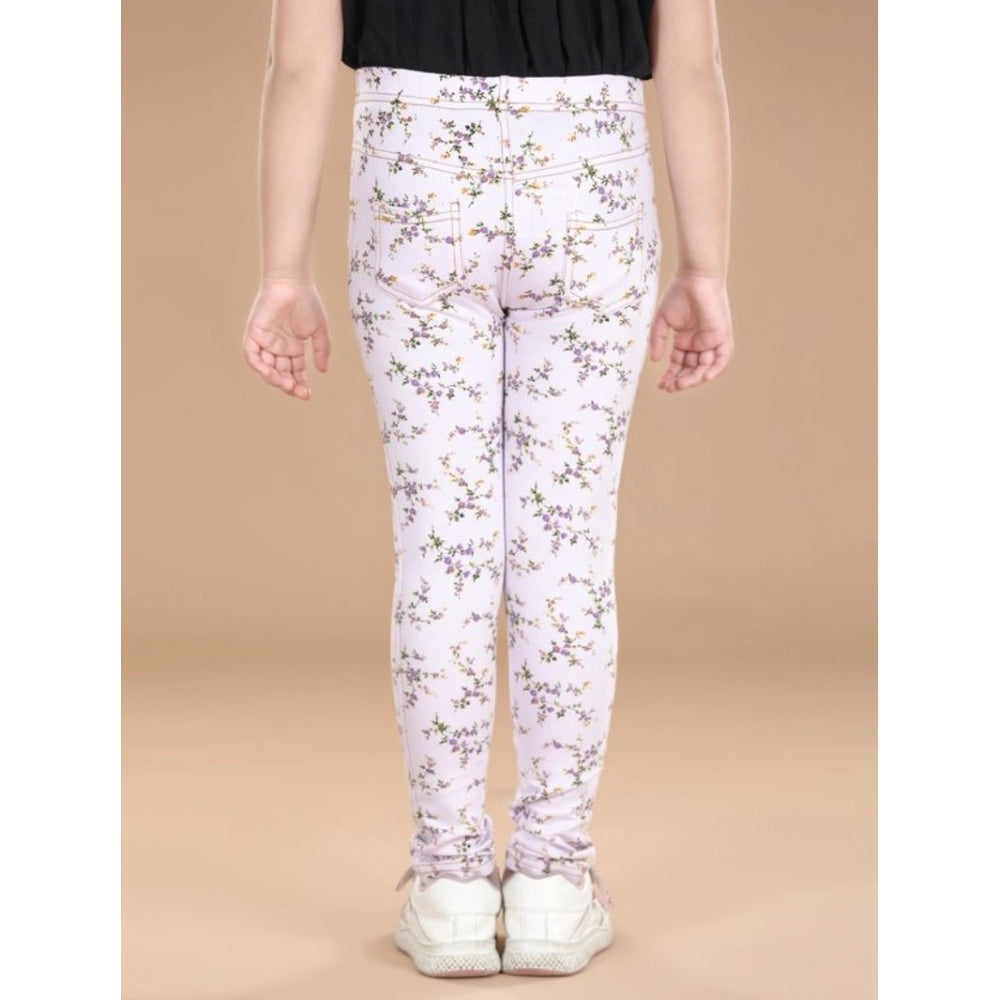 Girl's Cotton Lycra Floral Elasticated Jeggings - Multicolor