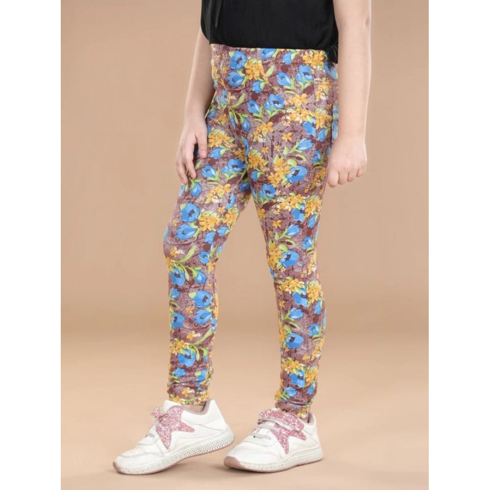 Girl's Cotton Lycra Floral Elasticated Jeggings - Multicolor