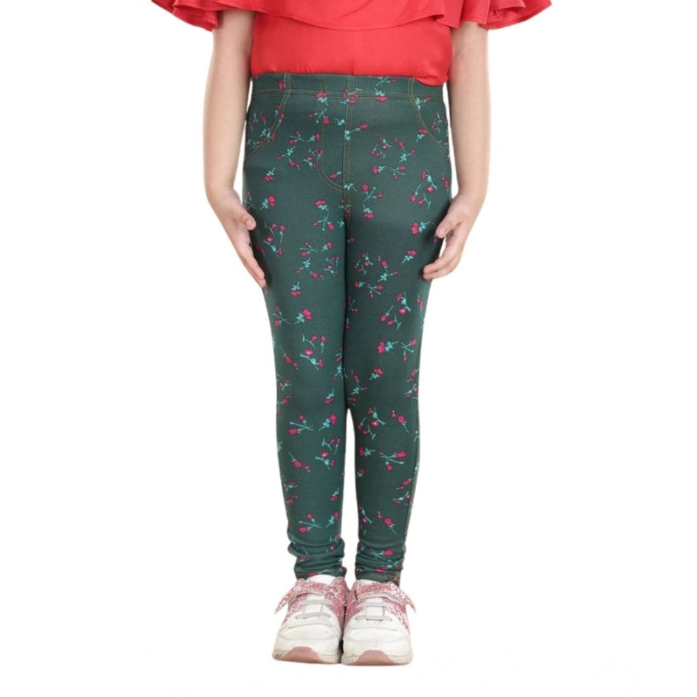 Girl's Cotton Lycra Floral Elasticated Jeggings - Bottle Green