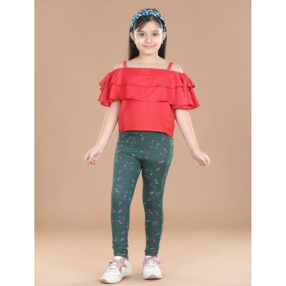 Girl's Cotton Lycra Floral Elasticated Jeggings - Bottle Green