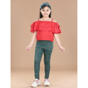 Girl's Cotton Lycra Floral Elasticated Jeggings - Bottle Green