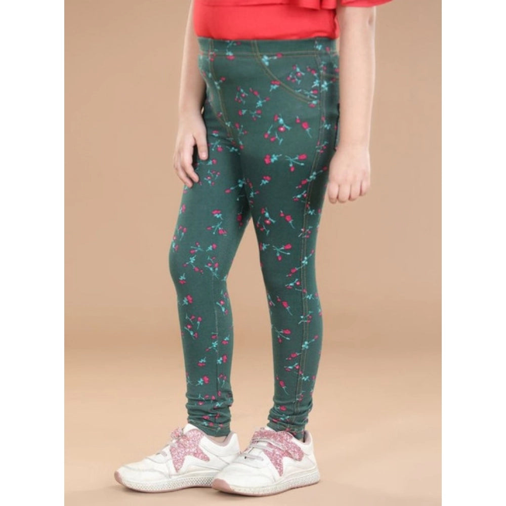 Girl's Cotton Lycra Floral Elasticated Jeggings - Bottle Green
