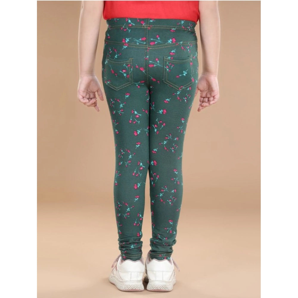 Girl's Cotton Lycra Floral Elasticated Jeggings - Bottle Green